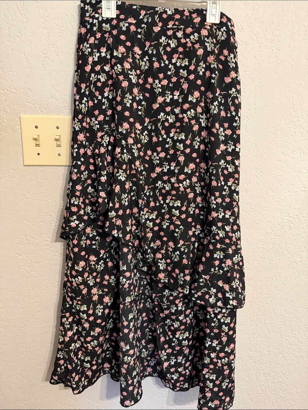 Black Floral Midi Skirt with Flowers Asymmetrical hemline, high slit Size Medium